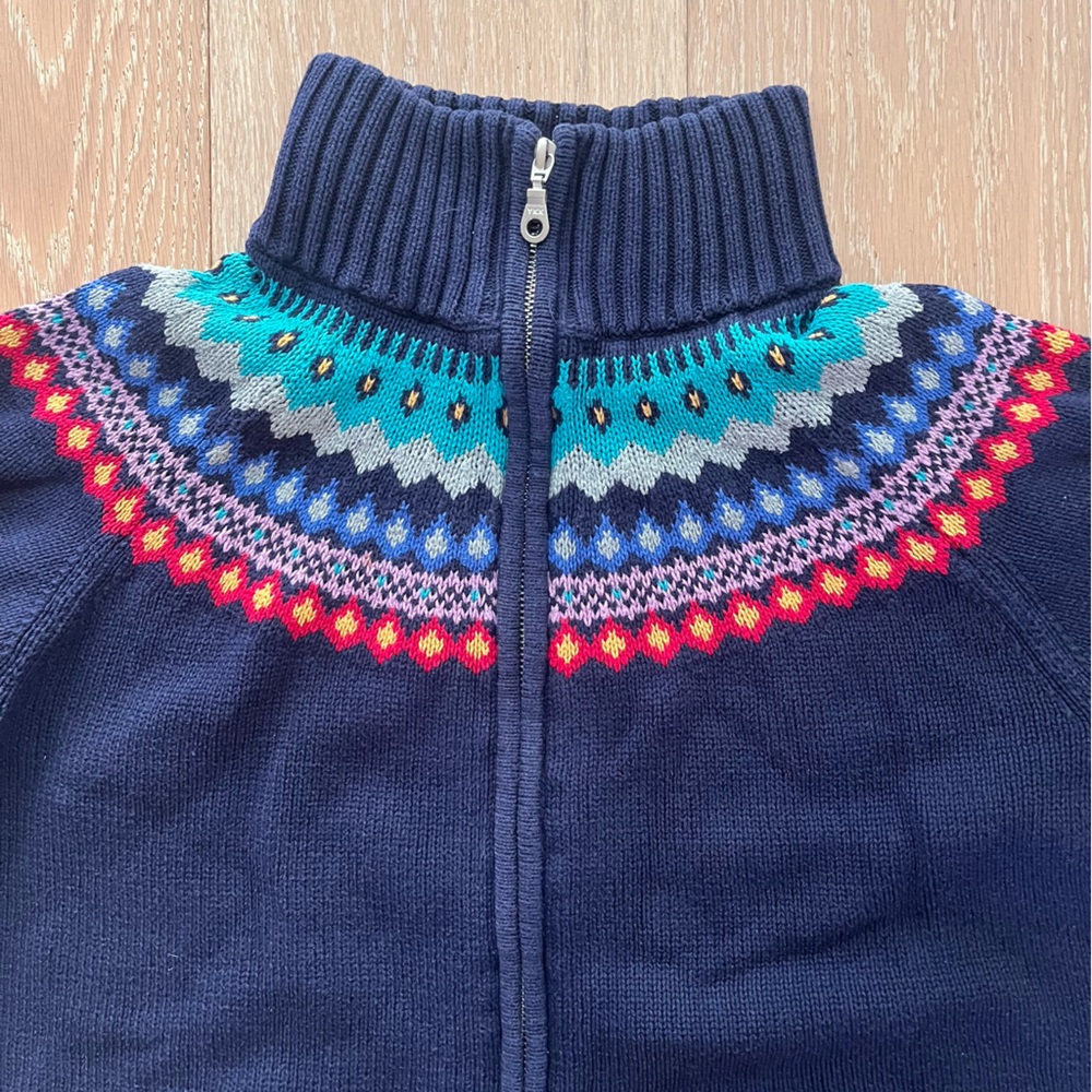 Talbots Fair Isle Full Zip Sweater M 100% Cotton Navy Nordic Cardigan scandi - Picture 3 of 8